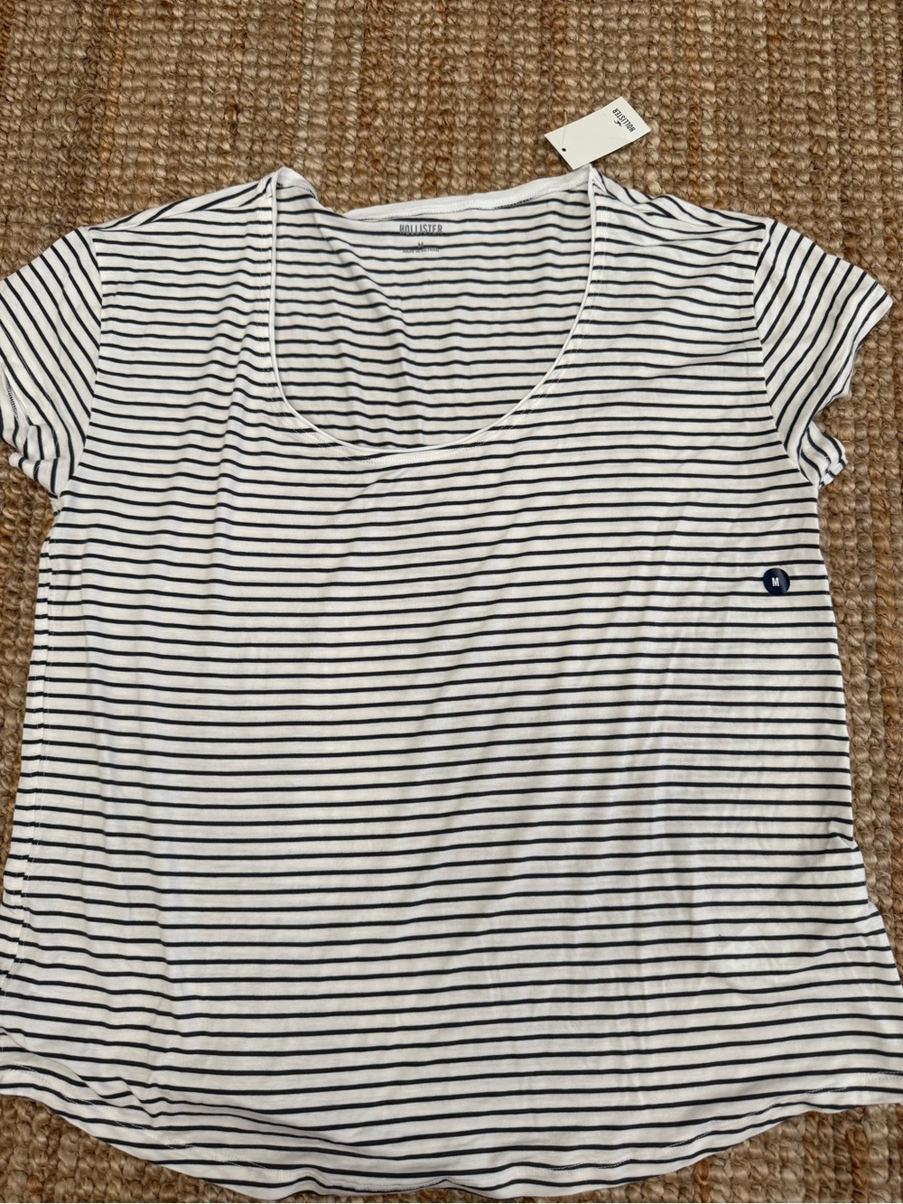 Hollister White and Navy Striped Scoop Neck Tee